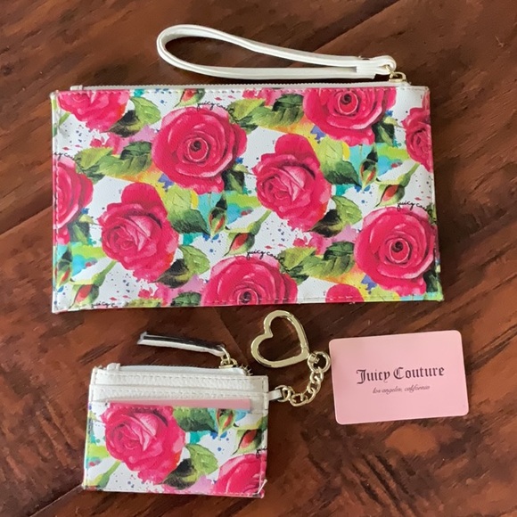 Juicy Couture Pink Floral rose Wristlet and coin purse Set Like new - Picture 3 of 7